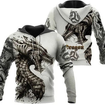 Homens de capuz, 3D dragão padrão preto e branco, neutro, street wear, com zíper, suéter, jaqueta casual, de roupas, de 2022