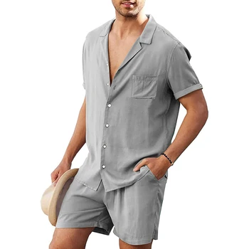 Homens de Linho, Camisa de Manga Curta Terno de Verão dos Homens Novos Shorts Solto e Casual Casaquinho de Camisa, Shorts