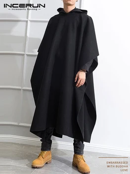 Homens Soltos Black Coats INCERUN Moda Irregular com Capuz do Manto de Outono Inverno Masculina de Manga Longa Trincheira Retro Outwear Jaquetas S-5XL