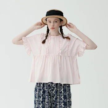 imakokoni projeto original doce cor-de-rosa bebê camisa solta babados na manga feminina verão camisa 213352