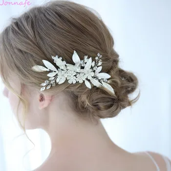 Jonnafe Cor de Prata Flor de Noiva Capacete de Cabelo Jóias de Mão com fio Folha de Casamento Pente de Cabelo de Acessórios Mulheres Hairwear