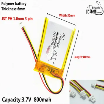 JST PH 1,0 mm 3 pinos 3,7 V,800mAH 603040 de Polímero de lítio ion / Li-íon da bateria para o pc da tabuleta do BANCO,GPS,mp3,mp4