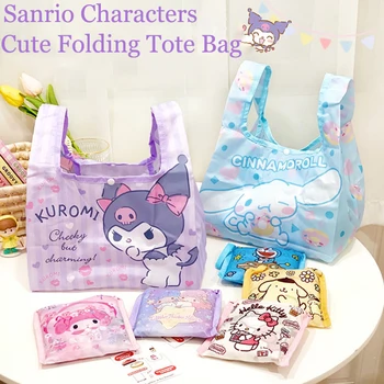 Kawaii Anime Sanrio Hello Kitty Kuromi Minha Melodia Cinnamonroll Dobrável Bento Saco Bonito Portátil Comercial De Eco-Friendly De Sacos De Armazenamento