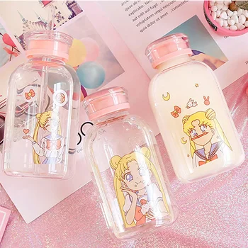 Kawaii Vidro Taza Sailor Moon Garrafas de 450ml Kawaii Sopa Copo de Vidro de Garrafa de Água Com Um Canudo, Óculos Bonito Garrafa de Bebida Copos