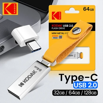 KODAK USB2.0 PenDrive 16GB 32GB 64GB de 128GB K122 Metal Unidade Flash USB OTG Disco de Memória o automóvel de freeshipping +Tipo-C Adaptador
