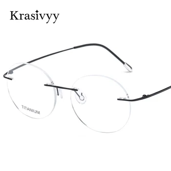 Krasivyy Vintage Rodada De Armações De Óculos Sem Aro Homens Ultraleve Dobrável Prescrição De Óculos Clássico Em Titânio Puro, Óculos De Mulheres