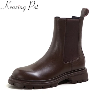 Krazing pote vintage de couro genuíno sapatos de inverno med saltos de botas Chelsea manter quente deslizar sobre moda concisa mulheres ankle boots l10