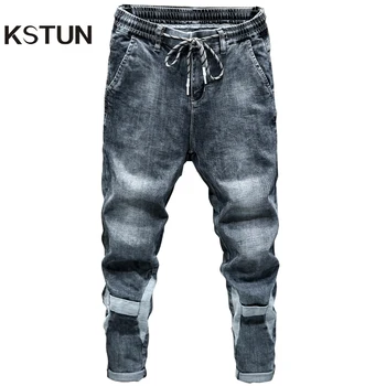 KSTUN Jeans para Homens de Cinza Azul de Ajuste Solto Patched Cintura Elástica de Lazer de Boa Qualidade, as Roupas dos Homens de Calças Jeans, Calças de Cowboys