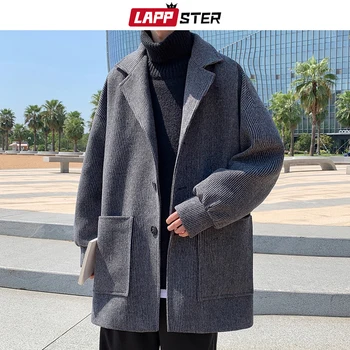 LAPPSTER Homens Sólido Cáqui coreano Lã, Trench Coat 2022 Mens Harajuku Fashion Vintage Jaquetas Casacos Masculinos Streetwear Casaco de Inverno