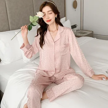 Lisacmvpnel de Mulheres da Primavera E do Outono, o Gelo Seda de Manga Longa de Pijama Conjunto de Lapela Casaquinho de Terno Versão coreana Sleepwear