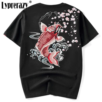 Lyprerazy Verão Novo Estilo Chinês Carpa Bordado T-Shirt De Marca Original Algodão Casual Homens T-Shirt Tops