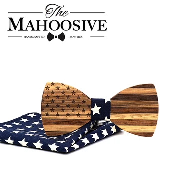 Mahoosive Nogueira de Madeira Laços Para Homens de Casamento de Gravata Conjunto de Acessórios bandeira dos EUA Artesanais em Madeira maciça gravata borboleta Plastrão Ternos