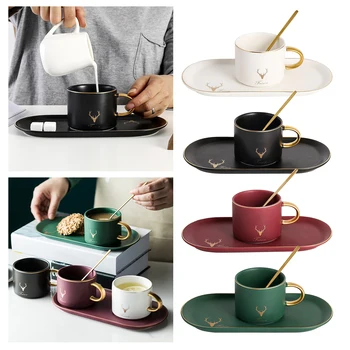 Mate Cerâmica Xícara de Café, Colher e Bandeja Conjunto de Porcelana Xícara de Chá com uma Colher de Café da manhã Copa
