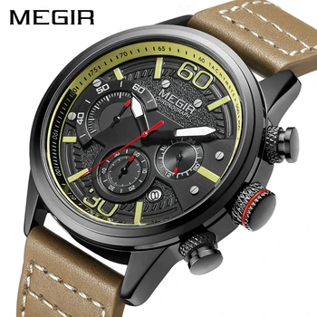 MEGIR 2019 Moda de Nova Mens Relógios com Pulseira de Couro de melhor Marca de Luxo Desporto Cronógrafo de Quartzo Relógio Homens Relógio Masculino