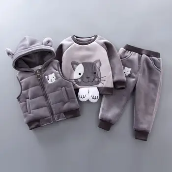 Menino com roupas de inverno, grosso e quente 3 PCS desenho animado do urso e gato impresso camisola com capuz de bebê menina vestbaby roupas de 0 a 4 anos