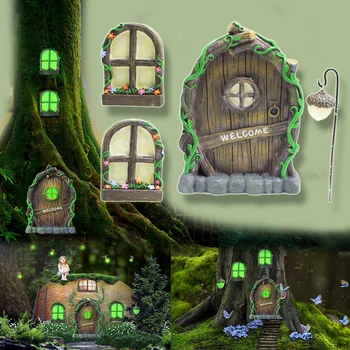 Miniatura Jardim Estátua De Fadas Gnome Casa, Janela, Porta Brilham No Escuro Na Decoração Exterior Tree Hugger Elf Quintal De Casa Arte Figurinhas