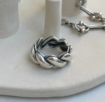 Minimalista 925 prata esterlina amor anel feminino nicho de design on-line celebridade retro gordinho diagonal de alta qualidade cruz de tricô