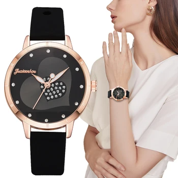 Moda das Mulheres de Relógios Simples de Coração de cristal em forma de Senhoras Quartzo relógio de Pulso Fresco Fêmea Preta de silicone Relógio Kobieta Zegarek