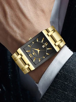 Moda De Luxo Retangular De Ouro Preto, Os Homens De Negócios, Relógio De Design Simples De Aço Inoxidável Calendário À Prova D'Água Quartzo Homens Relógios