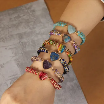 Moda Duplo Camadas De Amor Do Coração De Pedra Natural Yoga Bracelete Para As Mulheres Da Boêmia Trançado Frisado Braceletes De Jóias Presentes
