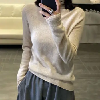 Moda Fino Suéter de Cashmere das Mulheres Camisola de Manga comprida Gola 100% Lã Camisola de Cor Pura Tricô Venda Quente 5 cores