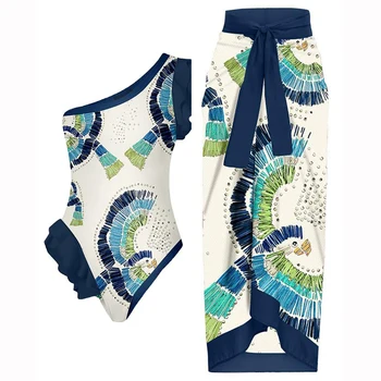 Moda Impresso Biquini de Um Maiô de peça com Saia o Ombro Babados Swimwear das Mulheres maiô Desgaste de Praia do Verão Slim