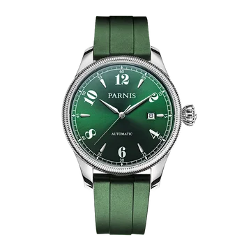 Moda Parnis 42mm Green Dial Homens Relógios Automáticos Mecânicos de Borracha de Pulseira Sapphire Crystal Relógio Calendário Com Caixa de Relógio de Presente