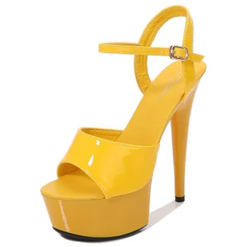 Modelo de passarela salto stiletto calcanhar sexy amarelo impermeável plataforma de 15cm de ódio céu excelente salto de moda feminina sandálias