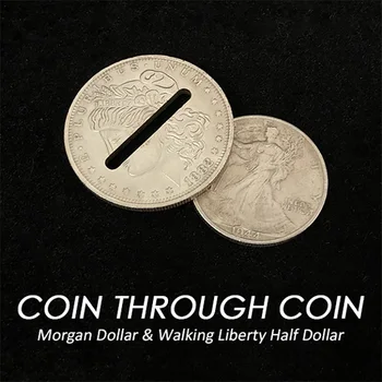 Moeda através de Moeda Truques de Magia Morgan Dólar & Caminhada Liberty Meio Dólar Magia Adereços de Perto Ilusões Mentalismo Artifícios