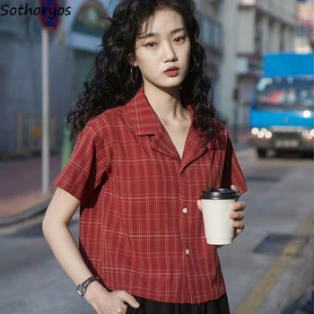Mulheres Blusas Xadrez Entalhado Retro Crop Tops Solto e Casual Todos-jogo Básico Fina Único Breasted Fashion Estilo coreano Feminino Chique