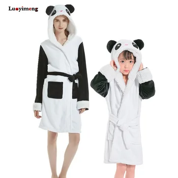 Mulheres, Crianças Panda Bathroben Para Meninas Pajmaas Inverno Quente Grosso Do Unicórnio Roupão De Banho Animal Com Capuz De Vestir Vestido De Bebê Meninos Sleepwear