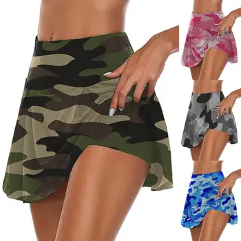 Mulheres De Camuflagem Fake Dois Pedaço De Elástico Respirável Esportes Shorts, Mini Saia Elegante, Macio Única Saias Para As Mulheres Do Partido Clubwear
