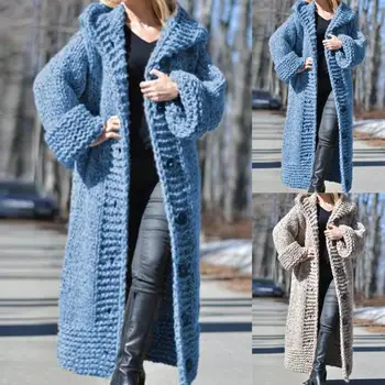 Mulheres Inverno Botões Outwear Cardigan Suéter Engrossar Manga Longa com Capuz Meados de-comprimento do Casaco, Suéter de Malha