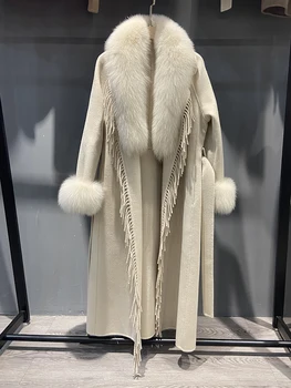 Mulheres Reais Fox Gola de Pele de Lã Casaco com Cinto Fino Feminino de Lã de Agasalho Jaqueta Casaco de Lã Longo