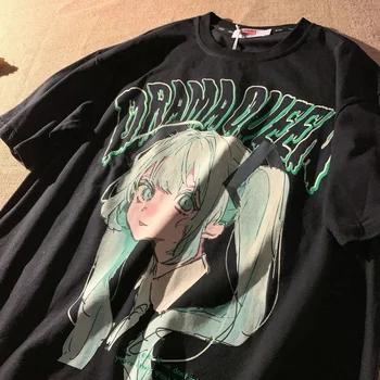 Mulheres T-Shirt Harajuku Anime Japonês de Fadas T-shirt Grunge Tops de grandes dimensões Camiseta Solta Manga Curta Y2k Tees Kawaii Roupas