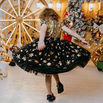 Natal Meninas Princesa Vestidos de Lantejoulas de Ouro de Impressão de Crianças Xmas Dress para o Presente Carvinal Festa Formal, Vestido de baile para 4 6 8 10 Anos