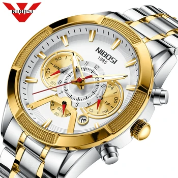 NIBOSI Homens Relógio Cronógrafo de Desporto Relógios de homens de melhor Marca de Luxo Integral à prova d'água de Aço Ouro Quartzo Relógio Homens Relógio Masculino