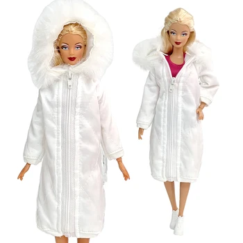 NK Oficial 1 Pcs Branco de pêlo Longo Para 1/6 Boneca de Moda Casaco de Algodão com Capuz Vestido de Inverno de Roupas para a Boneca Barbie Acessórios