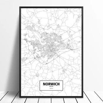 Norwich, Inglaterra Branco Preto Personalizado Mundo, Mapa Da Cidade Cartaz Tela De Impressão Estilo Nórdico Arte De Parede Decoração Da Casa