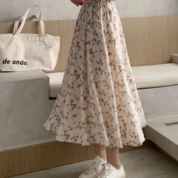 Novo Vintage Floral Imprimir Uma linha de Plissado Saias Longas Verão as Mulheres-coreano Saia de Streetwear Cordão Elástico na Cintura Saia Midi