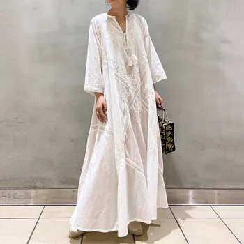 o coreano japão, as mulheres vestido de verão 2021 branco Lace-Up de Impressão de Manga Longa Casual Senhora do Escritório Pulôver Feminino maxi Vestidos longo