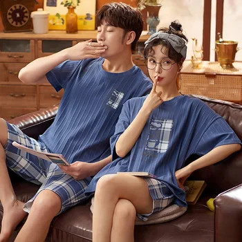 O coreano Lazer Casais de Casa de Terno de Mangas Curtas Sono Tops, Shorts Mulheres Pijama Conjunto Homem Pijamas Terno de Algodão Masculino ropa mujer