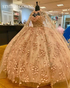 O luxo do Ouro de Rosa Querida Vestido de baile Vestidos de Quinceanera Brilhantes Flores em 3D Vestido de Noiva Com Cabo Vestido De 15 Anos Sweet 16
