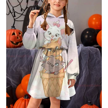 O outono e o inverno, a impressão 3D da Disney Maria gato novo manga longa com capuz saia de roupas infantis vestido casual dos desenhos animados de meninas de saia