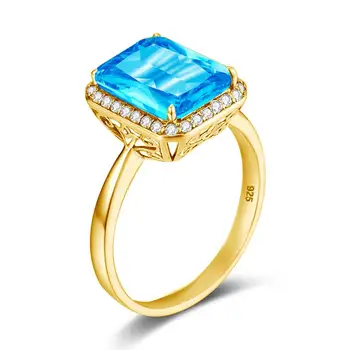 O Topázio azul em Ouro 18K Anel de pedra preciosa Anéis Para as Mulheres Com Diamantes em Forma de Quadrado Único do Ajuste do Dente Artesanal Feminino Jóias Finas