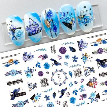 Olá Inverno 3D Adesivos de Unhas Folhas de Azul, Rosa Flor Aves da Arte do Prego Decorações de Decalques de Barras de desenhos animados Manicures Acessórios