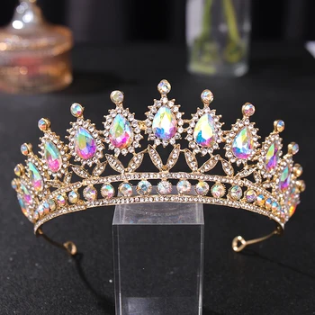 Ouro Colorido de Cristal de Noiva Tiaras E Coroas Total AB Strass Rainha Princesa Diademas Para a Noiva Mulheres Enfeites de Cabelo