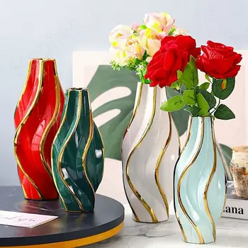 Ouro Traço Abstrato Vaso de Cerâmica Nórdicos Modernas Linhas Geométricas de Forma Vasos de Flores Decorativas de Altura do Chão Vasos para a Sala de