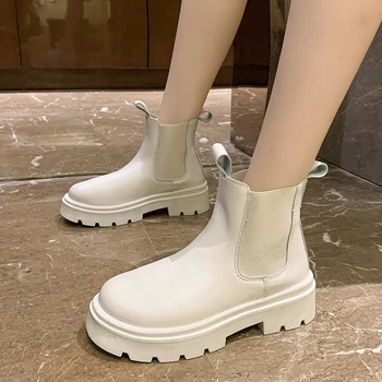 Outono Inverno Botas Chelsea Mulheres Preta Bege Branca Tornozelo Botas para Mulheres de Peles de Curto Robusto Punk Gótico Sapatos