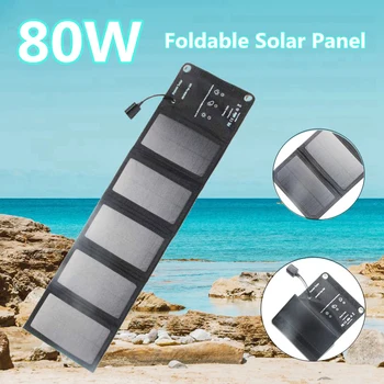 Painel Solar 80W USB5V Dobrável Carregador Solar Impermeável de Bateria Solar para Acampar ao ar livre Caminhada de Telefone Portátil Solar do Banco do Poder